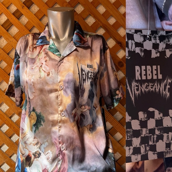 NWT REBEL VENGEANCE Wearable Art ITALIAN Boticelli and LOGO Print Satin SHIRT M - Picture 2 of 16
